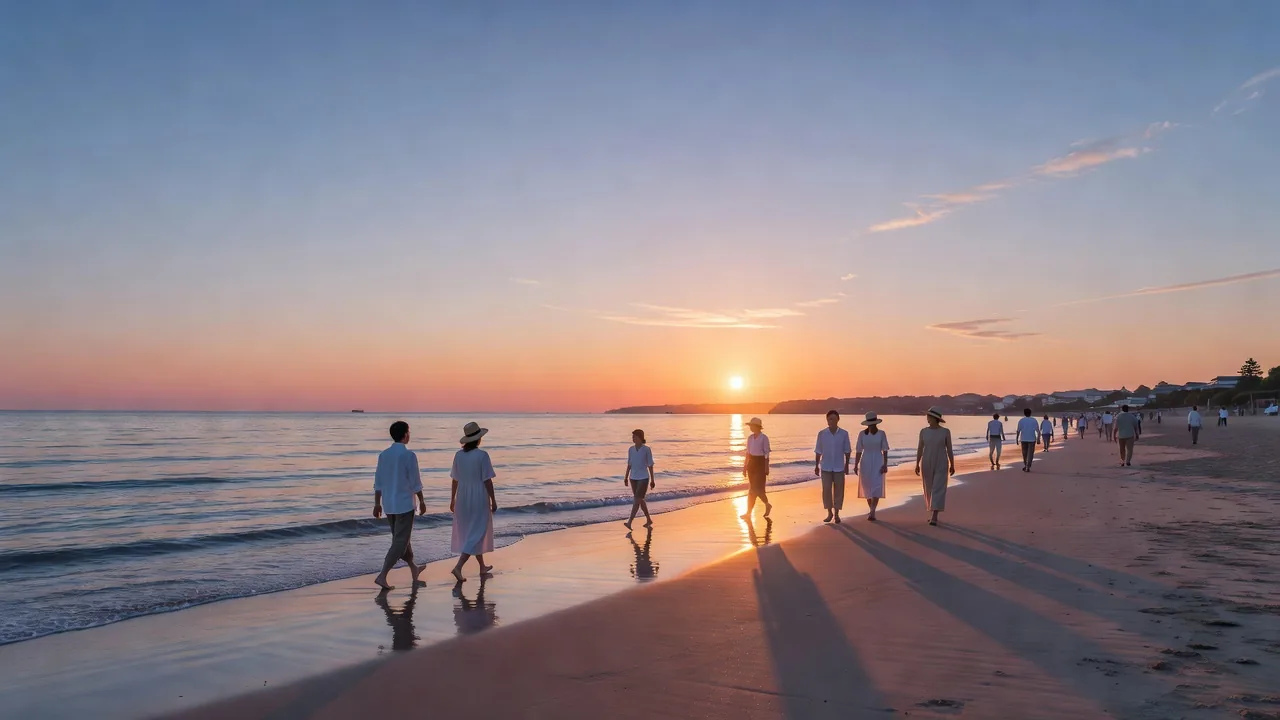 夕暮れの浜辺を散歩する人