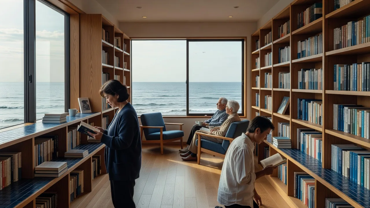 木の温もりある海辺の本屋の内観