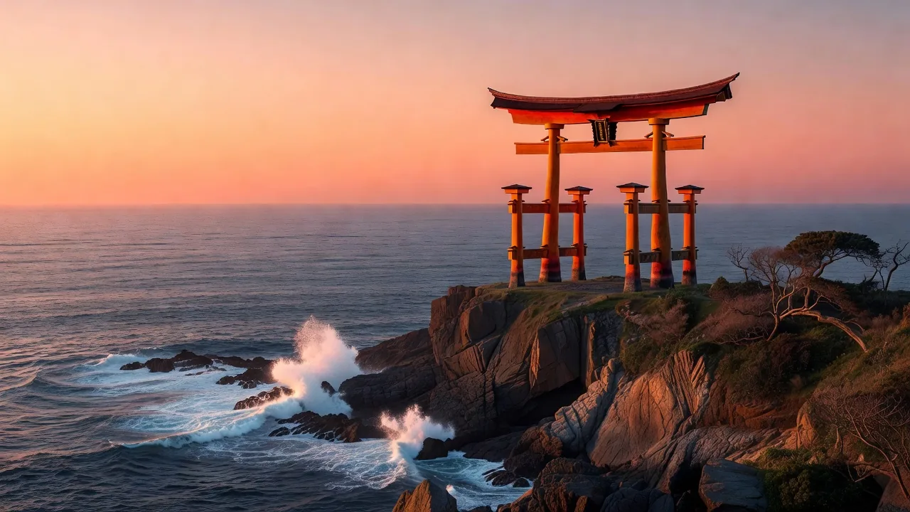 夕暮れの海辺に佇む鳥居