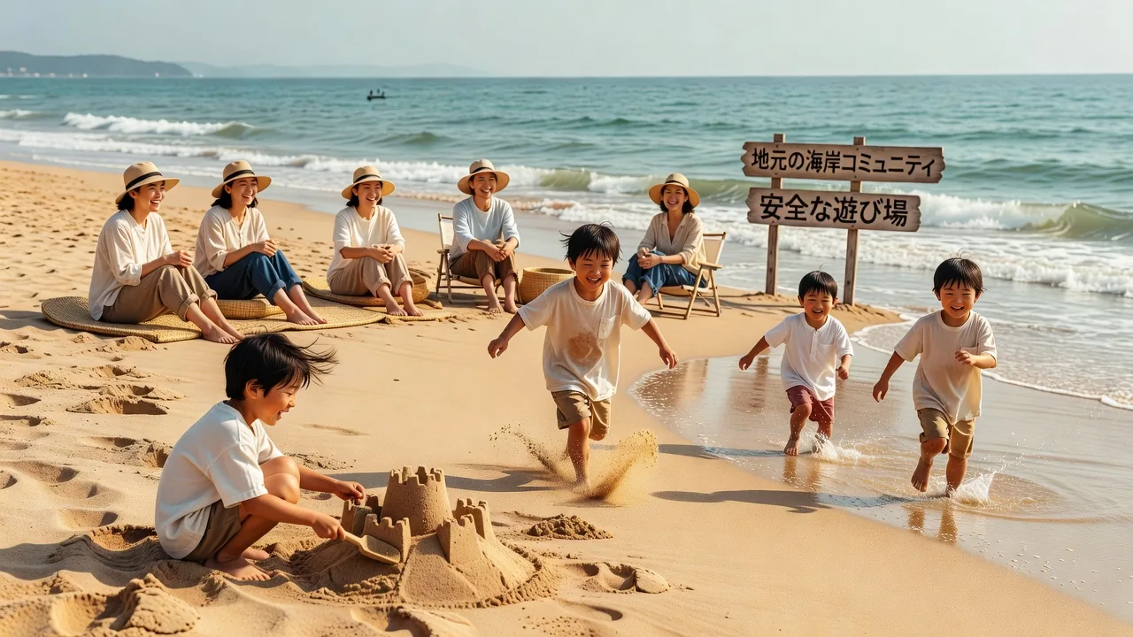 浜辺で遊ぶ家族連れ