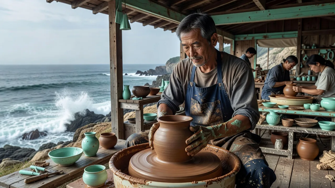 海辺のアトリエで作陶する陶芸家