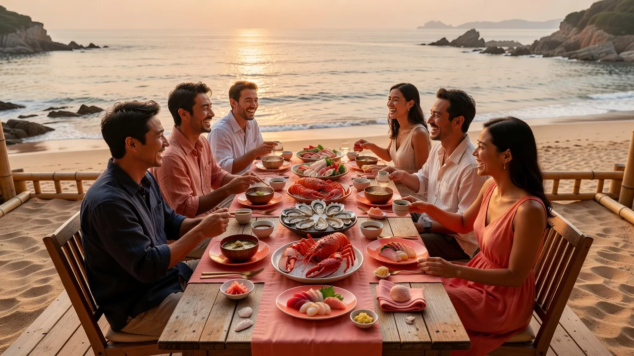 屋外で行われる海鮮を囲む食事会
